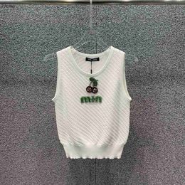 2024MM Family ss New Letter Embroidery Decoration Little Cherry Fashion Versatile Knitted Tank Top for Womens
