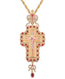 whole Hop 120cm Long Necklace Pearl Crystal Cross Necklace Gold Colour Orthodox Pectoral Enamel Bishop Encolpion Cross for Bish5026058