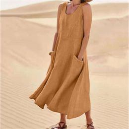 Hot Summer women Casual Dresses pocket sleeveless round neck women's cotton linen dress loose Khaki White black home outdoor skirt Big Size S-5XL b14