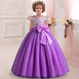 Girls sequin large bow princess dress 5-14 year old childrens embroidered mesh dress wedding dress carnival runway long skirt 240521