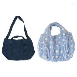 Shoulder Bags 2Pcs Handbag: 1Pcs Denim Slouch Bag Navy Blue & Small Transparent Tote Mesh Cloth