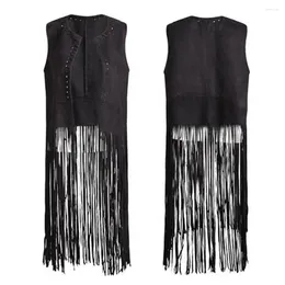 Women's Vests Solid Colour Women Vest Vintage Fringed Suede Open Front Hollow Hole Waistcoat Chic Streetwear With Long Tassels