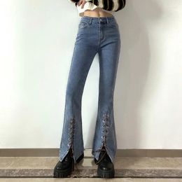 Women's Jeans Women Flared Pants Panelled Bandage Split Denim Trousers Body-Con Spring Autumn Fashion Female Tight Hip Lift