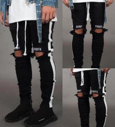 Mens Jeans Pants Casual Skinny White Side Jeans Hip Hop Broken Zipper Nightclub Pants Street Style Black and White8858431