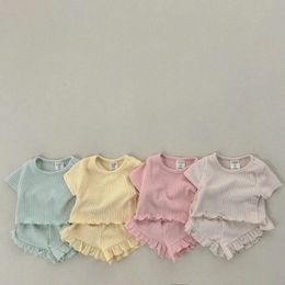 Baby Girls Summer Pyjamas Sets Korean Style Home Wear Ruffles Short Sleeve T-shirtsShorts 2Pcs Children Cotton Solid Outfits 240521