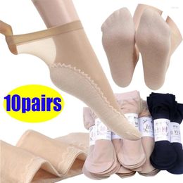 Women Socks Silk Velvet Ankle Short Sox Elastic Lace Soft Transparent Ultrathin Female Mesh Non-Slip Bottom Splice Boat Sock