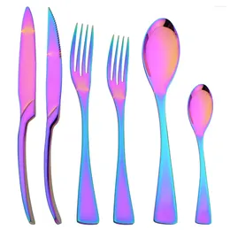 Dinnerware Sets 6Pcs Colorflul Cutlery Set Stainless Steel Tableware Steak Knife Fork Spoon Western Kitchen Flatware Silverware