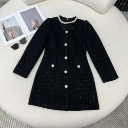 Casual Dresses For Autumn And Winter Black Duffel Dress With Pearl Collar Sequin Wool Blend Fabric