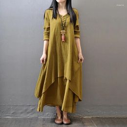 Casual Dresses Elegant Cotton Linen For Women Summer Chic Bohemia Layered Vintage Robe Long Sleeve Loose Dress Oversize Female Vestidos