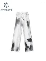 Women's Jeans Women Vintage Straight Y2k Streetwear Baggy Casual Oversized Denim Tie-Dyed White Wide Leg Pants Tide Ladies Long Trousers