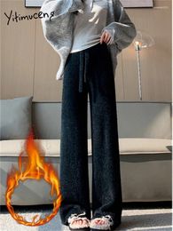 Women's Pants Yitimuceng Mink For Women 2024 Fashion High Waist Velvet Casual Elastic Drawstring Knitted Wide Leg