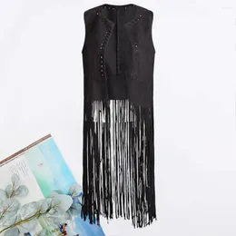 Women's Vests O-neck Ladies Waistcoat Women Long Tassels Suede Vest Vintage Fringed Open Front Hollow Hole For