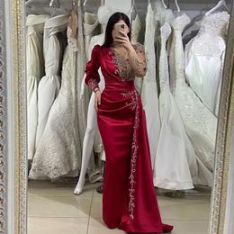 Luxury Wine Red Satin Evening Gowns Mermaid Long Sleeves Prom Dresses Pleated Applique Prom Gowns Fashion Celebrity Formal Proms Party Robe