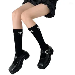Women Socks Girls Harajuku Calf Sweet Faux Pearl Mini Bow Ribbed Vertical Twist Striped Black Tube Stockings