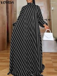 Casual Dresses 2024 Autumn Maxi Dress VONDA Women Elegant High Neck Sundress Sexy Long Puff Sleeve Striped Bohemian Printed Vestido Baggy