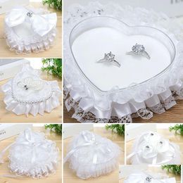 Other Event Party Supplies Wedding Couple Ring Box Heart Shape White Lace Pillow Boxes Pearl Rhinestone Jewelry Case Engagement Ce Dhbv0