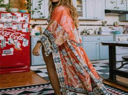 2021 Bohemian Printed Self Belted Loose Summer Beach Tunic Plus Size Beachwear Long Kimono Cardigan Boho Women Tops Blouse N9967478486836