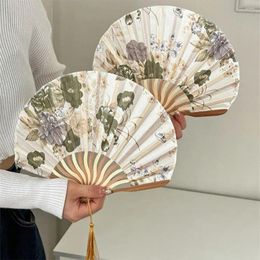 Decorative Figurines Bamboo Ancient Hand Fan Tassel Elegent Silk Shank Classical Dance Colorful Vintage Folding