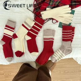 Women Socks Sock Middle Tube Suitable For Winter -calf Womens Piles Of Stockings Year Fashion Design Striped Red