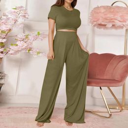 Women's Two Piece Pants Summer Loose O-Neck Crop Top Wide Leg Sets Fashion Casual Suit Women Harajuku Style Trousers