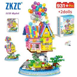 Blocks 931+Pcs City Friends Hanging Gravity Balloon Flying House Building LED Lights Art Brick Toys H240521