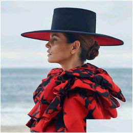 Stingy Brim Hats Classical Unisex Wide Splice Two Tone Wool Fedora Winter Warm Women Red Black Ladies Church Derby Dress Hat Drop De Dhews