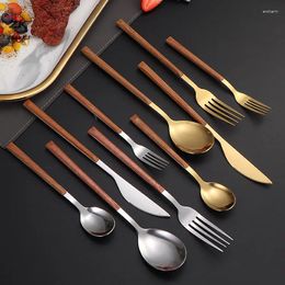 Dinnerware Sets 5Pcs Imitation Wooden Handle Gold Silver Cutlery Set Stainless Steel Knife Fork Spoon Tableware Kitchen Dessert