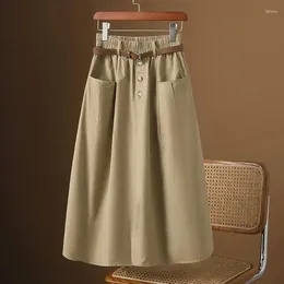 Skirts 2024 Spring Autumn Women's Skirt Solid All-match Pockets Elasticity High Waist A-line Casual Fashion Big Swing