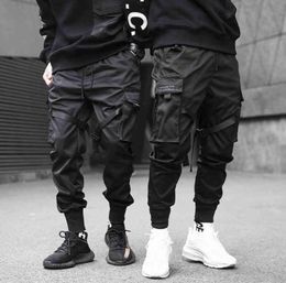 Men Ribbons Colour Block Black Pocket Cargo Pants Black Harem Joggers Harajuku Sweatpant Hip Hop Trousers1557601