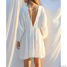 Sexy Long Sleeve V Neck Backless Cotton Tunic Beach Cover Up Cover-ups Dress Wear Beachwear Female Women