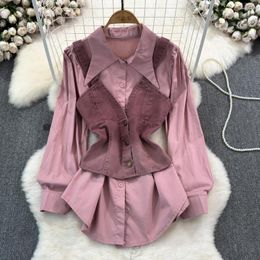 Women's T Shirts Vintage Women Blouses Solid Turn Down Collar Long Sleeve One Breasted T-shirt V-Neck Spaghetti Strap Denim Vest 2PCS Female