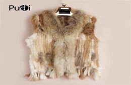 VR001 womens natural real rabbit fur vest with raccoon fur collar waistcoatjackets rex rabbit knitted winter 2012091464688