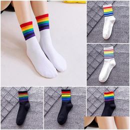 Socks & Hosiery Women Fashion Rainbow Striped Lgbt Kawaii Streetwear Warm Funny Candy White Black Cute Short Winter Men Cotton Drop D Dhfxd