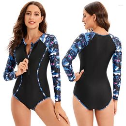 Women's Swimwear CPUTAN 2024 Long Sleeve One Piece Swimsuit Sport Women Beach Floral Print Rashguard Vintage Monokini Surfing Bodysuit