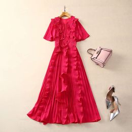 Spring Pink / Blue Solid Color Ribbon Tie Bow Dress Short Sleeve V-Neck Pleated Midi Casual Dresses S3D041130