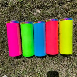 20oz powder coated rainbow plated underneath Fluorescent colored Neon 20oz skinny straight stainless steel insulated tumbler for laser engrave