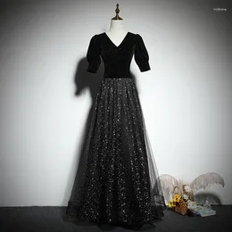 Party Dresses Evening Dress V-Neck Sequins Elegant A-Line Simple Ruched Floor-Length Short Sleeves Black Formal Woman B1068