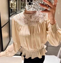 Women's Blouses Elegant Hollow Out Lace Embroidery Top O Neck Long Sleeve Slim Ruffles Shirt Apricot Colour Silk Blouse 2024 Woman Clothing