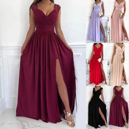 Casual Dresses Summer Women's Sexy Pleated Splicing Slit Long Dress Sleeveless Wedding Party For Women Chic And Elegant Woman