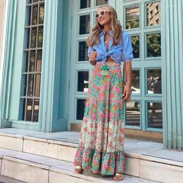 Skirts Soft Material High-waist Skirt Bohemia Style Floral Print Maxi With Tassel Lace-up High Waist Ruffle Stitching For Party