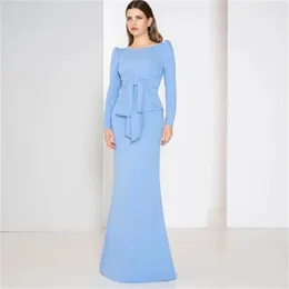 Party Dresses Elegant Evening Light Blue Long Sleeves Boat Neck Mermaid Prom Gowns Classic SATIN Modern Women Custom Made D10162