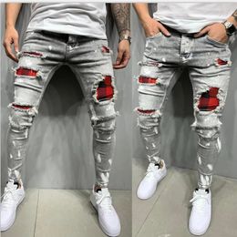 Hole di alta qualità European e American Streetwear Streetwear Jeans Skinny Men Biker Slim Elastic Denim Cargo Pants Joggers 240520