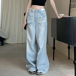 Women's Jeans Casual Baggy For Women High Waist Straight Wide Leg Washed Denim Pants Light Blue Pocket Zipper- Hollow Out Trousers