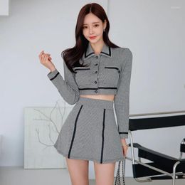 Work Dresses Spring Two Piece Set For Women Korean Fashion Slim Long Sleeve Cardigan Coat Sexy Crop Top Patchwork Mini Skirt Sets Y2k