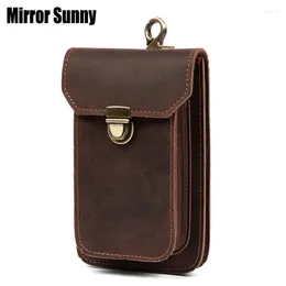 Waist Bags Cowhide Genuine Leather Male Crazy Horse Belt Bag Small Retro 7-inch Mobile Phone Vintage Cigarette