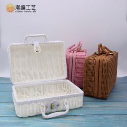 Storage Bags Finishing Cosmetic Rattan Box Retro Props Suitcase Gift Solid Pp Woven