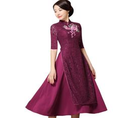 Purple Summer Women Lace Chinese ALine Dress Embroidery Flower Long Cheongsam Ethnic Vietnam Aodai Qipao Oversize SXXXXL7854317
