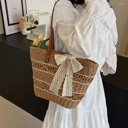 Shoulder Bags Woven Summer Handbag Hollow Out Casual Tote Bag With Cute Lace Bow Vacation Large Top Handle For Women