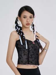 Women's Tanks Women Sheer Mesh Camisole Shirt Floral Print Lace Up Spaghetti Strap Y2k Summer Crop Tank Tops Streetwear