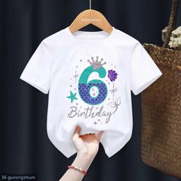 T-shirts Cute Childrens Clothing 6th Birthday Gift Girl T-shirt Mermaid Princess Crown Print T-shirt Harajuku Kawaii Clothing White T-shirt Y240521